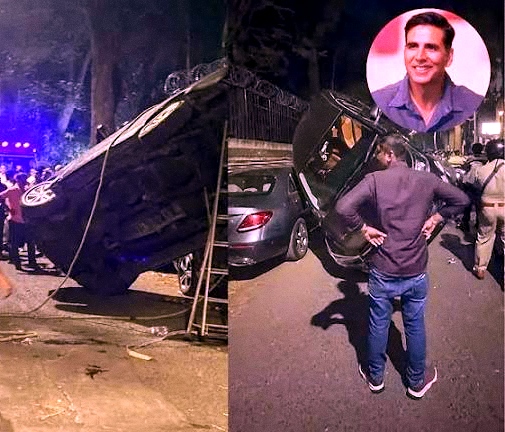 Akshay Kumar car accident in Mumbai Mercedes overturned